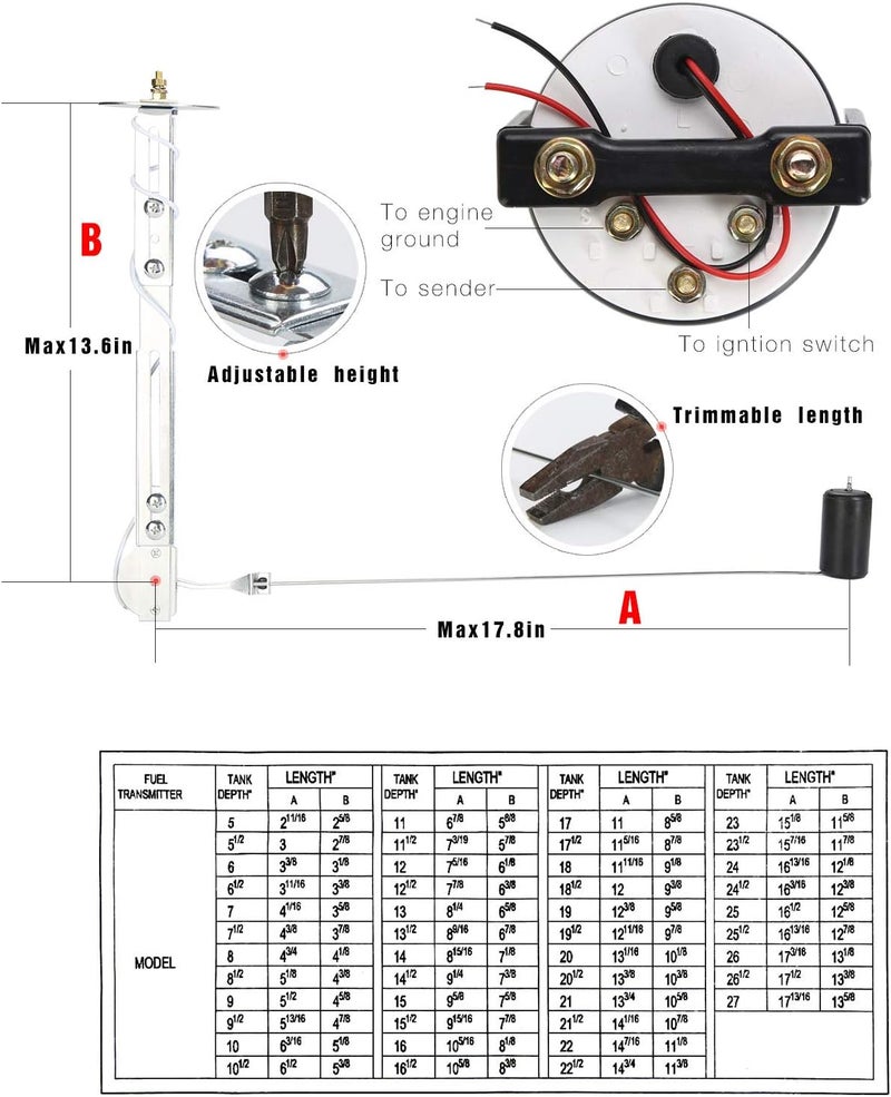 Rupse Fuel Sender Unit Boat Fuel Tank Sending Unit Fuel Water Level Sensor Stainless Steel Fuel Sender and Fuel Gauge for Boat Car Truck RV (6" (150mm)) (52mm (2")) - Image 4